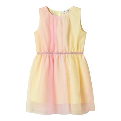 Minikleid NAME IT "NMFVABOSS SPENCER FFD", Mädchen, Gr. 104, N-Gr, gelb (pastel gelb), Tüll, Obermaterial: 100% Polyester, bedruckt, festlich, regular fit, Rundhals, ohne Ärmel, Kleider Image