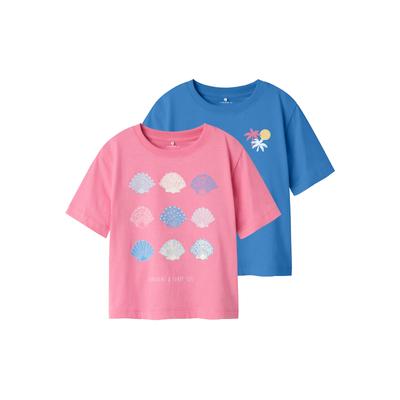 Kurzarmshirt NAME IT "NMFJASSA 2P SS NREG TOP PB", Mädchen, Gr. 104, marinapack:w aurora pink, Jersey, Obermaterial: 100% Baumwolle, bedruckt, casual, regular fit, Rundhals, Kurzarm, Shirts Image