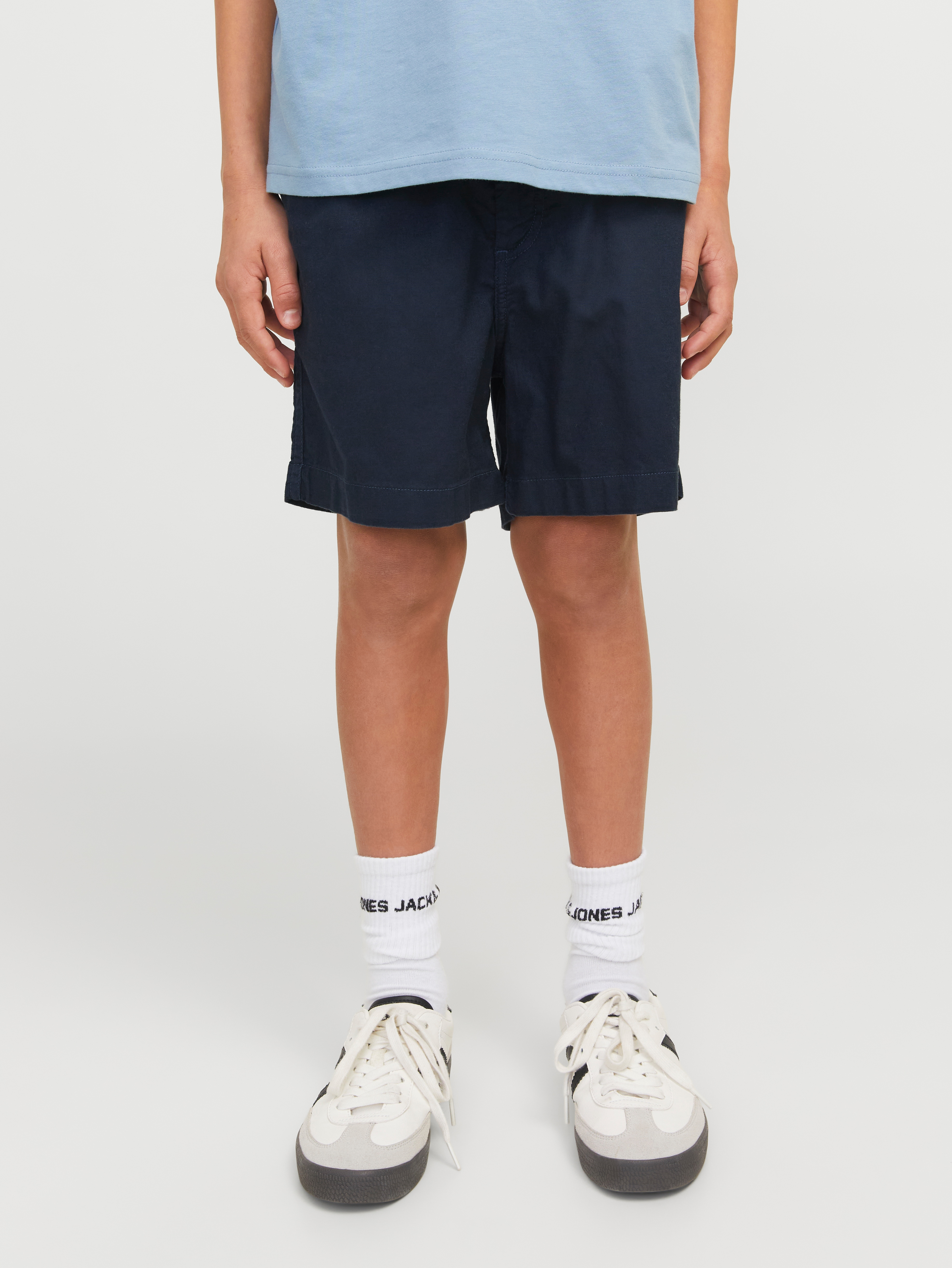 Jogg-Bermudas JACK & JONES JUNIOR "JPSTJAIDEN JJCAMPAIGN HYBRID BONDI JNR", Jungen, Gr. 152, N-Gr, blau (schwarz navy), Web, Obermaterial: 80% Baumwolle, 20% Leinen, unifarben, Hosen