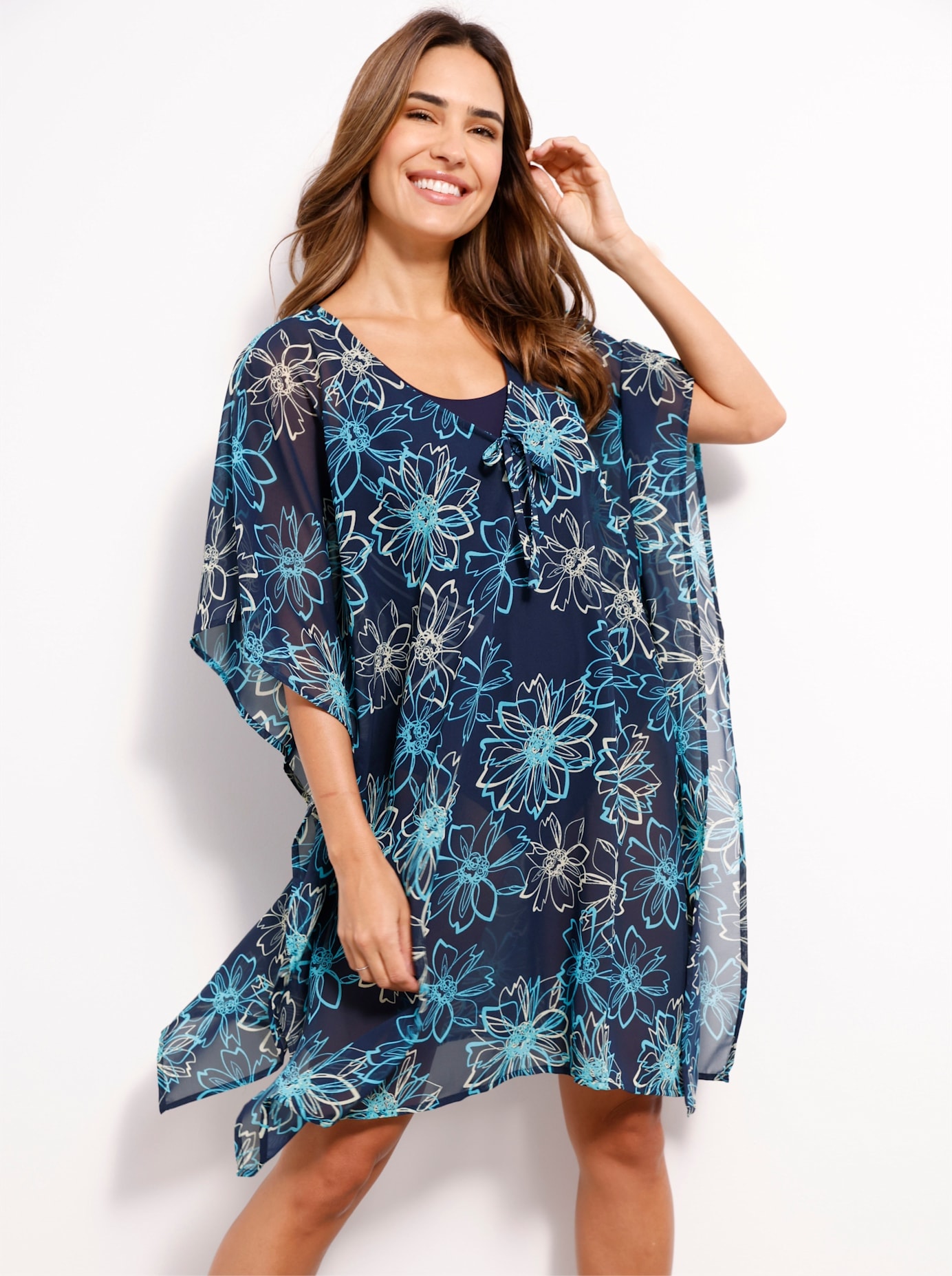 Tunikakleid "Tunika", Damen, Gr. 52/54, Normalgrößen, bunt (marine, türkis, bedruckt), 100% Polyester, geblümt, gemustert, mehrfarbig, lang, V-Ausschnitt, Kleider