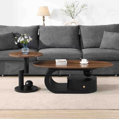 Luxury Nesting Coffee Table Set of 2, Oval and Round Table Set, Tables with Storage for Living Room, Cocktail Table with Drawer