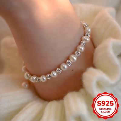 TEMU 1pc S925 Pearl Necklace & Bracelet Set - Elegant Vintage Style, 6.85g 925 Sterling Silver With Synthetic Cubic Zirconia Accents, Perfect Day Gift For Women, & Special Occasions, Pearl Jewelry Image