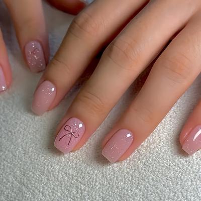 TEMU Box Of 24 Short Square Press-on Nails With Sweet And Cute Pink Glitter , Detachable And Reusable, Suitable For Occasions For S. Includes Jelly Glue And Nail File Image
