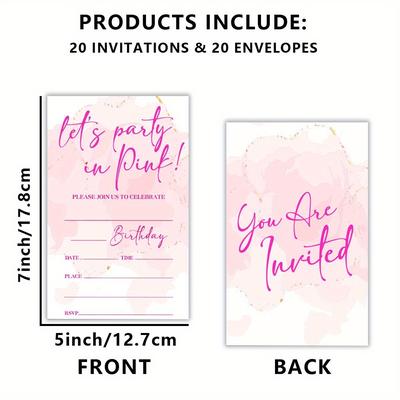 TEMU 20pcs Pink Floral Birthday Party Invitations With Envelopes - Paper Invitation Cards For , Universal Holiday, Thanksgiving, Thank You - No Electricity Needed Image