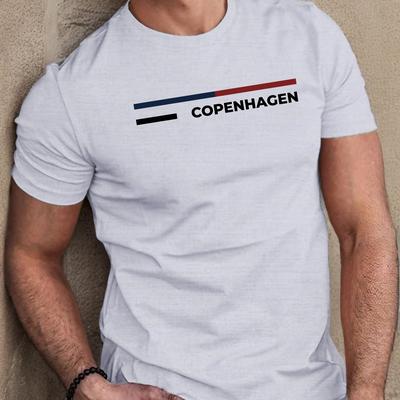 TEMU Men's Casual Crew Neck T-shirt With Copenhagen Print, 100% Polyester Knit Fabric, Stretch, Regular Fit, Summer Short Sleeve Tee - 150gsm Image