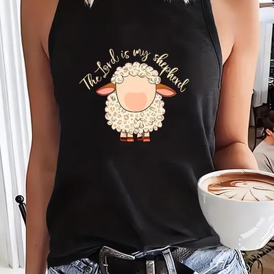TEMU Women's Y2k Casual Sleeveless Tank Top, Crew Neck Polyester Knit Vest With Alphabet Sheep Print, Summer Autumn Sportswear, 95% Polyester 5% Spandex, 190g/m² Lightweight Fabric Image