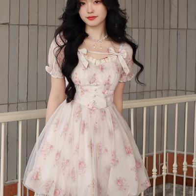 TEMU Women's Pink Floral Mini Dress With Bow Detail - Short Sleeve, V-neck, Summer Dress For Casual Or Formal Occasions, Casual Summer Dress | Floral Print Dress | Vneckline, Floral Dress Image