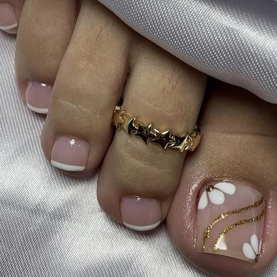 TEMU 24pcs Toe Nails Glitter Art Toenails Summer Model Press On Toenails Manicure Set Includes 1sheet Adhesive Tabs & 1pc Mini File Everyday Wear Image