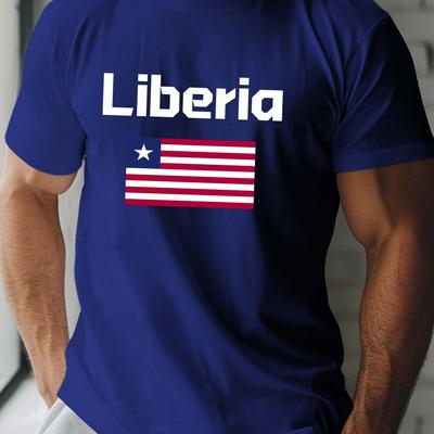 TEMU Liberia Flag Print Men's Crew Neck Short Sleeve Tees, Fashionable T-shirt, Casual Comfortable Top For Summer Image