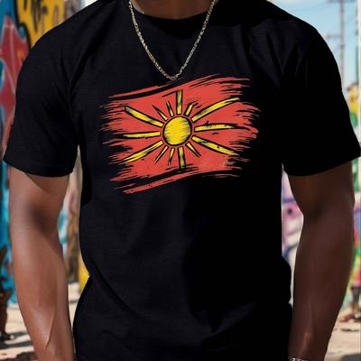 TEMU Men's Casual Short Sleeve T-shirt With North Macedonian Flag Print - Lightweight Polyester, Round Neck, Summer Tee For Adults, Tshirt| Tee|polyester Fabric Image