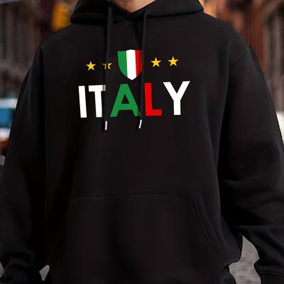 TEMU Italy Print Kangaroo Pocket Hoodie, Casual Long Sleeve Hoodies Pullover Sweatshirt, Men's Clothing, For Image