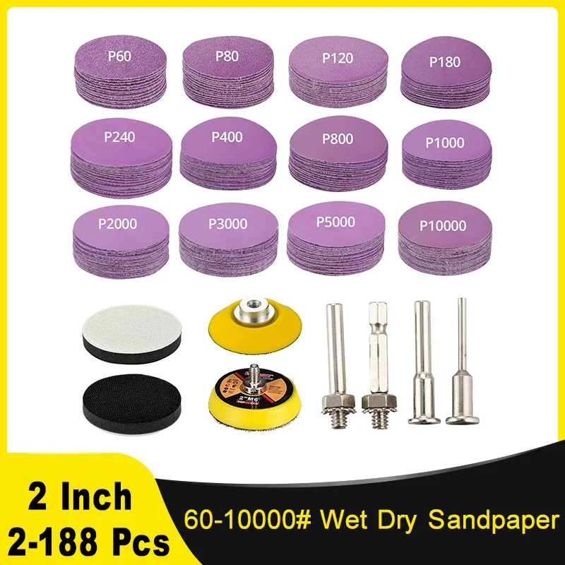 2-Zoll-Nass- und Trockenschleifscheibe, 2-188 Stück, verschiedene Körnungen 60–10000 mit 1/8 Zoll 1/4 Zoll Schaft-Stützteller und Schnittstellen-Pad-Schleifwerkzeug Image