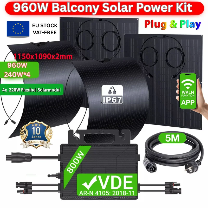 Kit pannello solare 960W (4×240W) + micro inverter 800W | Sistema fotovoltaico da balcone Plug & Play con pannelli IP67, efficienza 17,55%, grid-ti