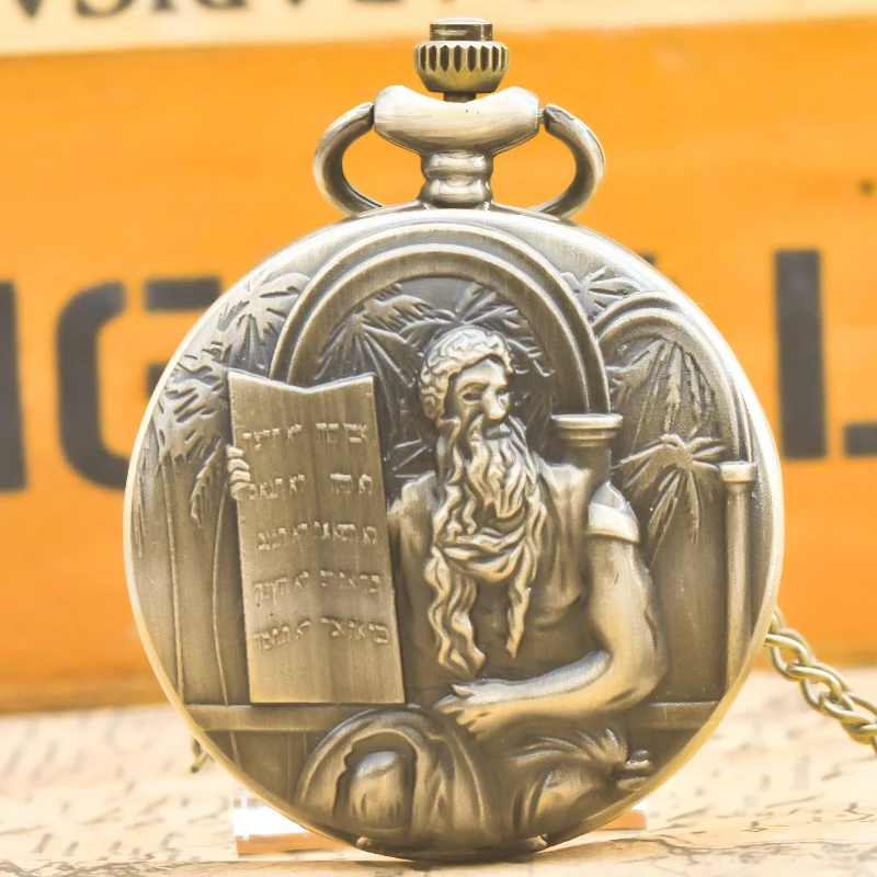 Retro Bronze Steampunk Moses Ten Gebote SLATE Quarz Halskette Serie Gedenktaschenuhr für Männer und Frauen