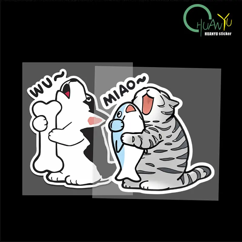 Cartoon süßer Umarmung Fisch Katze und Knochen Husky Aufkleber geeignet zum Dekorieren von Auto, Motorrad, Zimmer Wandaufkleber wasserdicht Image