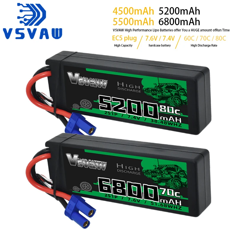 VSVAW 2S 7,6 V 7,4 V 4500 mAh 5200 mAh 5500 mAh 6800 mAh 60C 70C 80C Lipo Batterie mit EC5 Stecker Stecker für RC Auto Lkw RC Racing Image