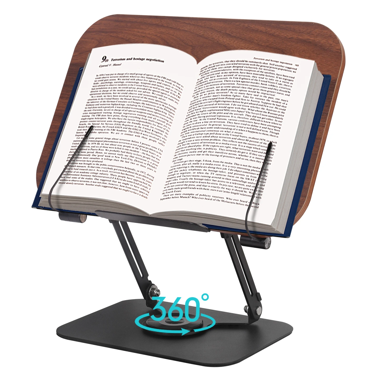 Buchständer zum Lesen, verstellbarer Buchhalter mit 360° ° Rotierende Basis, elastische Seitenklammern, faltbarer Desktop-Riser-Ständer Image