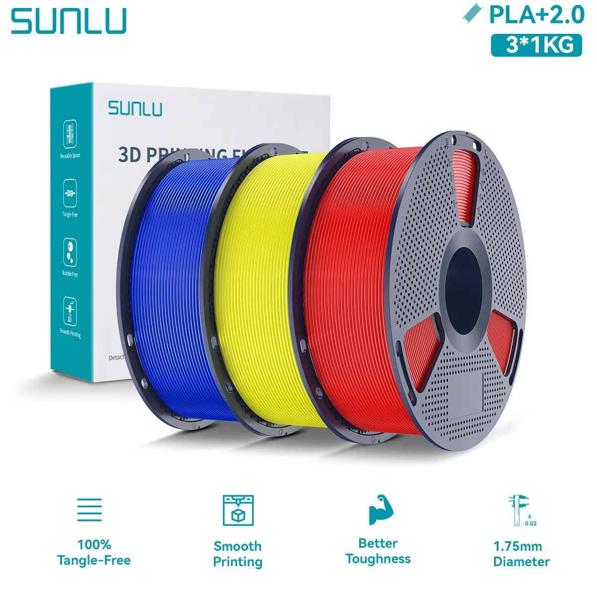 SUNLU PLA PLUS 2.0 3D-Filament 1.75mm - Aufgewertetes PLA Plus, Stärker & Robuster, Sauber Aufgewickeltes, Farbiges Filament für FDM 3D-Drucker - 3KG Image
