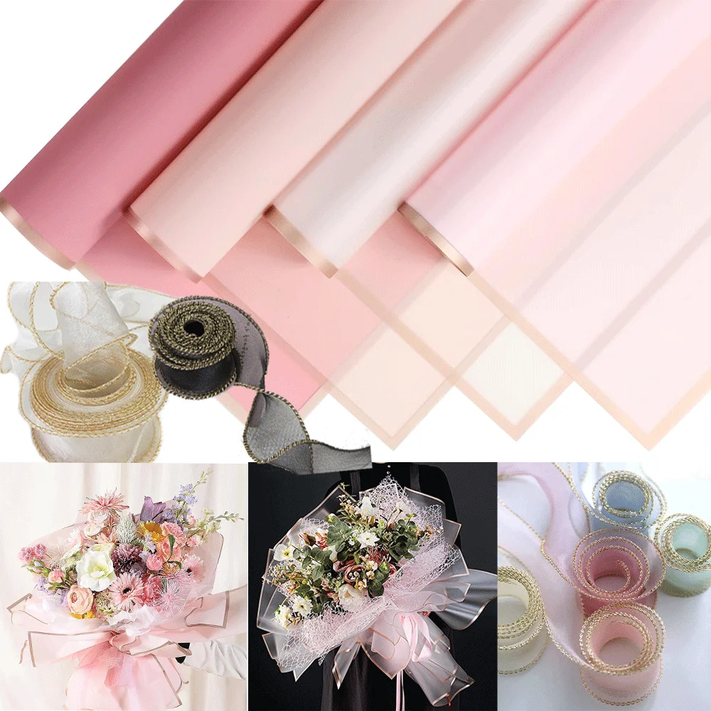 Buntes Blumen-Geschenkpapier mit goldenem Rand, durchscheinendes Geschenk, Blumenstrauß, Verpackungsmaterial, Hochzeit, Muttertag, Geburtstag, DIY-Geschenk Image