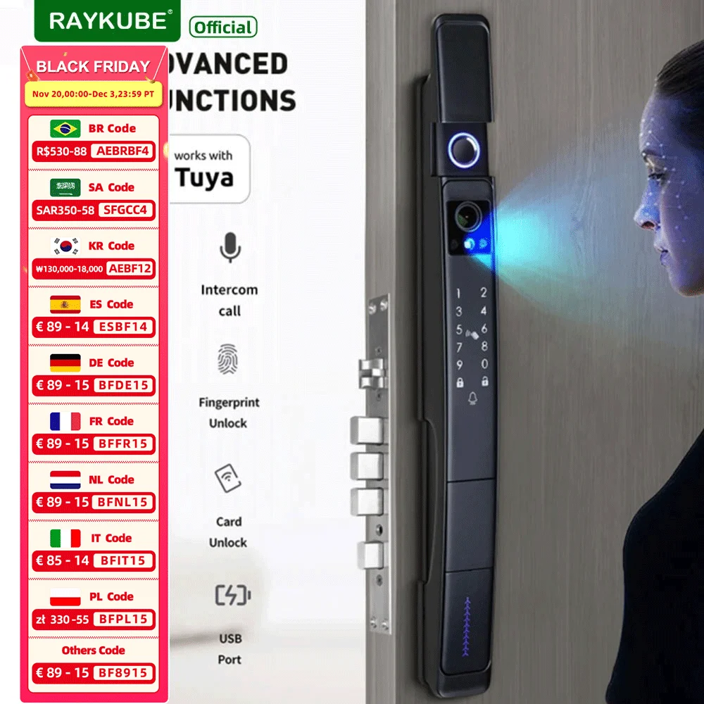 RAYKUBE Tuya WiFi Wasserdichte Visuelle Gegensprechanlage 3D Gesichtserkennung Digitales Fingerabdruckschloss Mit Videoanruf Keyless Unlock A216 Image