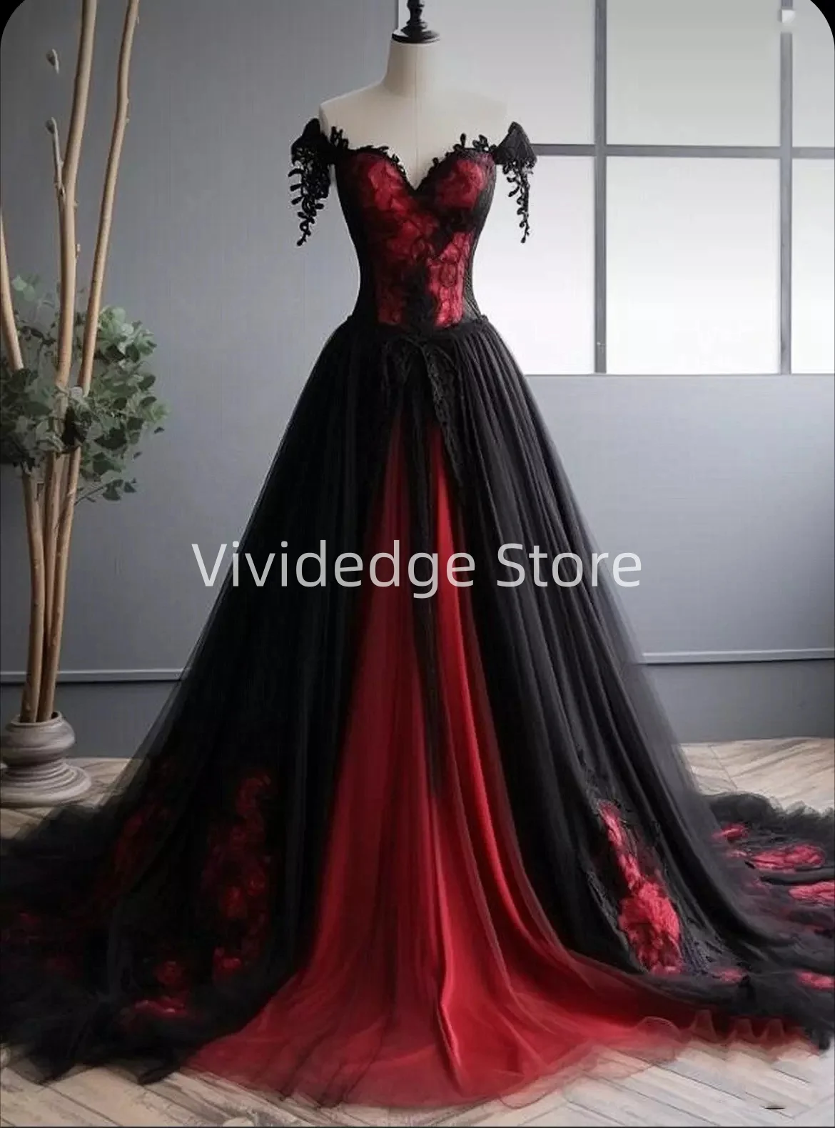Angepasst Schwarz Rot Gothic Brautkleider A-linie Off Schulter Spitze Appliques Brautkleider vestidos de fiesta elegantes mujer