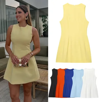 New Various color Elegant Woman Mini Dresses O-Neck Sleeveless Open Back With Zipper Short Dress Slim Fashion For Summer Travel