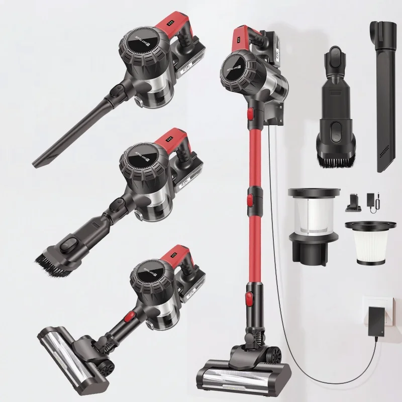 BRIEFNESS 6-in-1-Akku-Staubsauger, 20.000 Pa, starke Saugkraft, LED-Licht, wiederaufladbar, für Tierhaare, Hartholz, Auto, Teppich, Wandhalterung, Rot Image