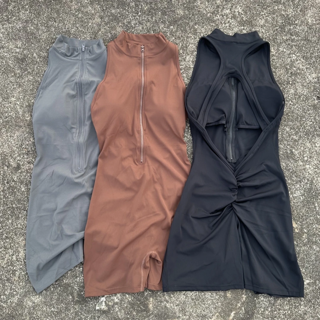 Einfarbig Scrunch Zurück Taille Eng Yoga Overall Shorts Set Frauen Zipper Gym Sport Fitness Ein Stück Sport Anzug Workout Image