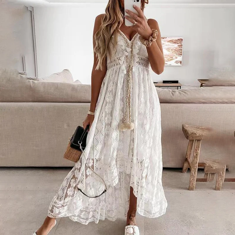 Abito lungo svasato senza spalline in pizzo da donna estivo Abito lungo bianco solido senza maniche con scollo a V Abiti bohémien con volant fluido