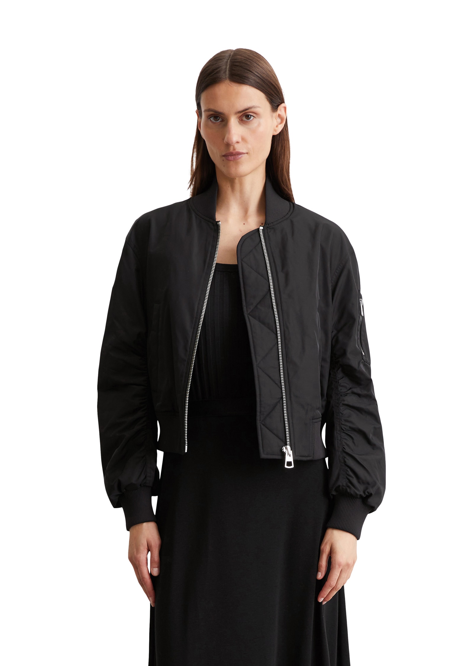 Outdoorjacke MARC O'POLO "aus recyceltem Polyester-Twill", Damen, Gr. 32, schwarz, Obermaterial: 100% Polyester; Füllung: 100% Nicht verfügbar; Futter: 100% Nicht verfügbar, unifarben, Casual, regular fit, Strickbündchen, Jacken