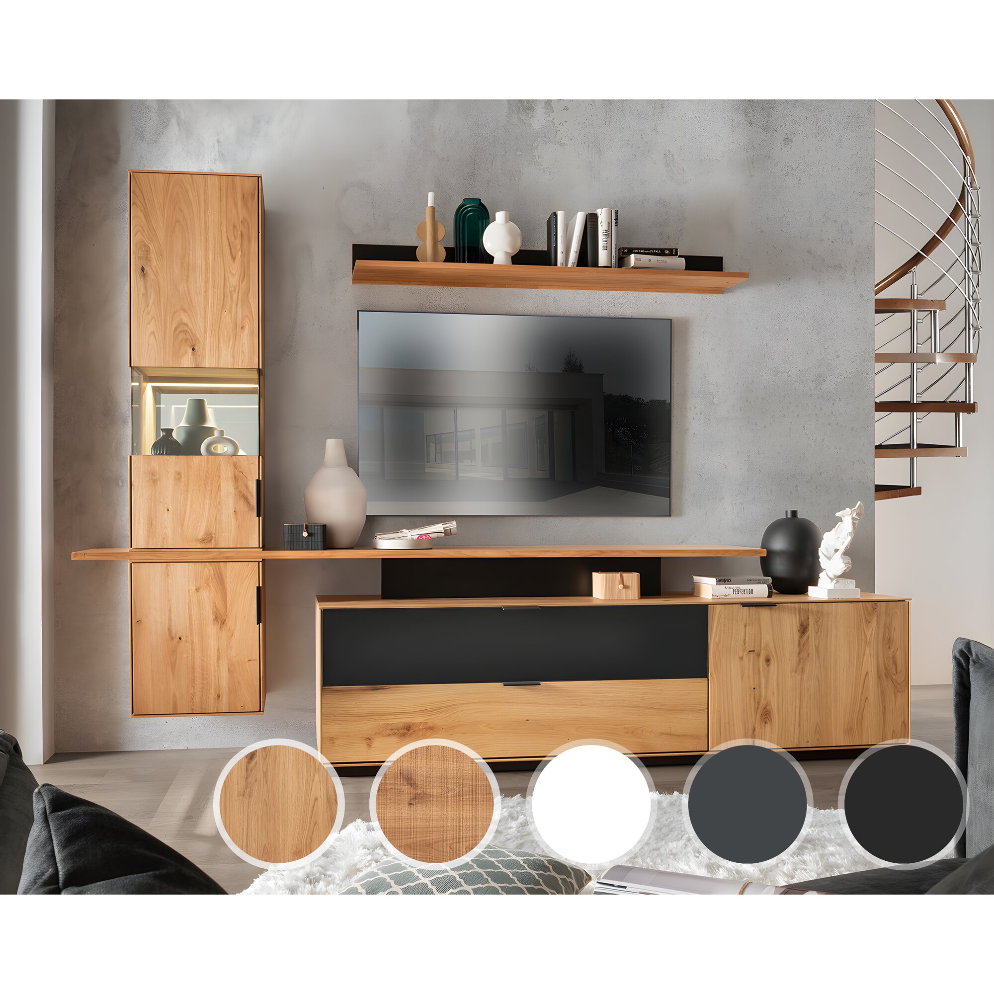 Massivholz »Lugano« Wohnwand glatte Front / obere Schublade in Anthrazitglas / Aufsatz Fuß Weiß