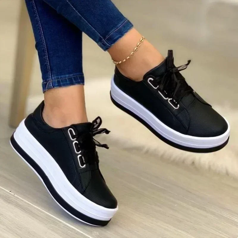 Neue 2024 Sport Schuhe Frauen Vulkanisierte Schuhe Outdoor Plattform Casual Schuhe Weibliche Leder Mode Turnschuhe Frau Keil Wohnungen Image