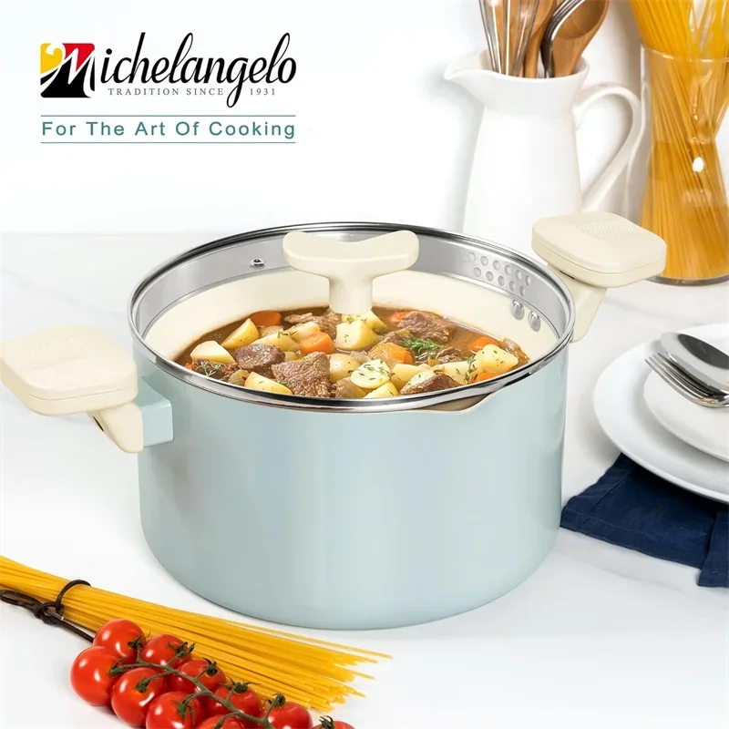 MICHELANGELO 6-Quart italienischer Antihaft-Topf mit Filterdeckel, Kochtopf, Keramikbeschichtung, Drehverschluss, Griff, Induktionskompatibel Image