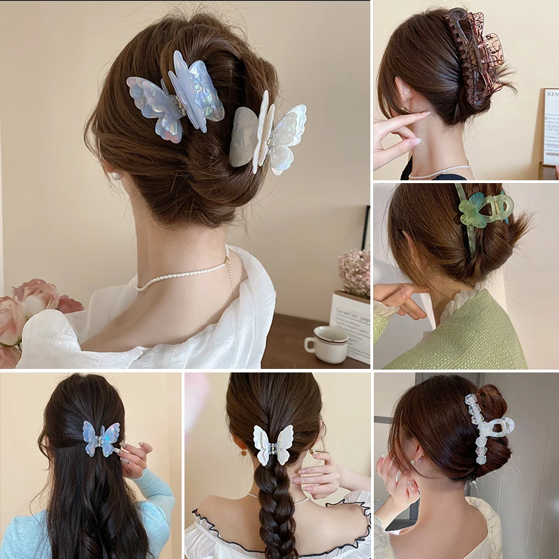 Fluoreszierende Schmetterlings-Haarklammer für Frauen, Essigsäure, Hai-Klaue, Pferdeschwanz, Haargummis, Haarkrabbenklammern, Haar-Accessoires Image