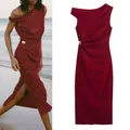 2025 femmes solide robe longue col incliné sans manches épaules nues irrégulière robe mince décontracté mode fête robe ample