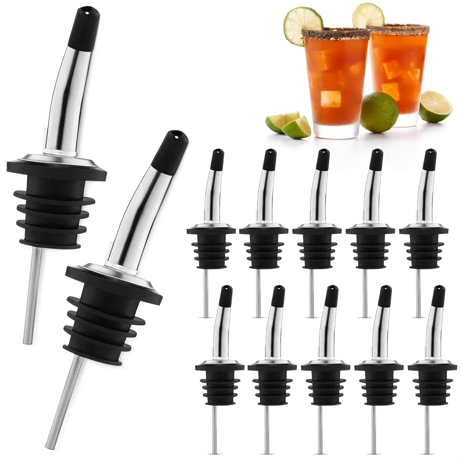 12-teiliges Set mit Ausgießer für Spirituosen aus Edelstahl – Silikon-Weinflaschen-Ausgießer und Schnapsausgießer, Staubkappen-Abdeckungen Image
