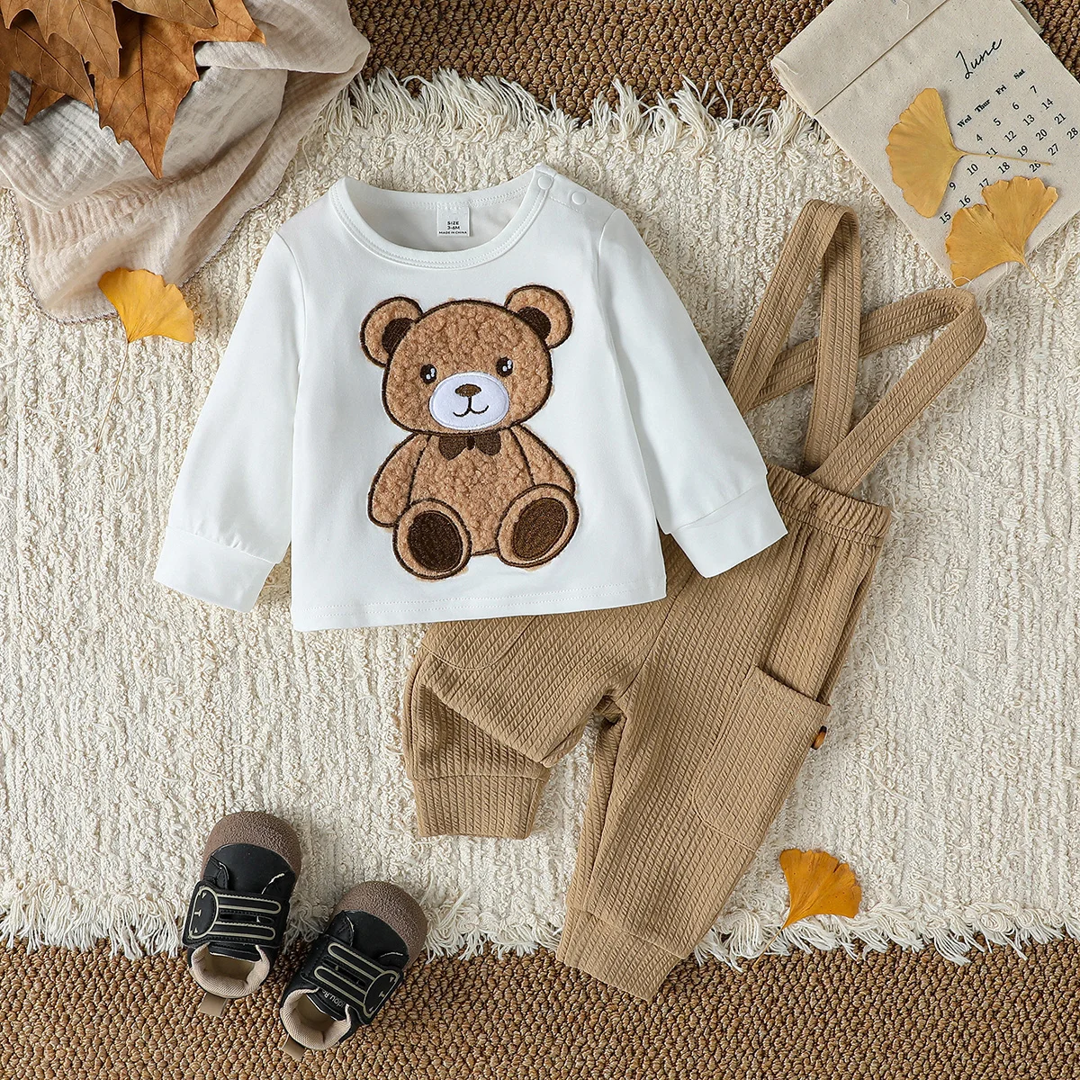 2PCS Baby Jungen Jungen Herbst Nette Langarm Top Mit Bär + Taste Overall Overall Overalls Sets Kleidung Casual Outfits Image