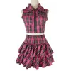 Frauen Rosa Sexy Punk Gothic Zipper Ärmellose Anzug Süße Persönlichkeit Kette Ärmelloses Kurzes T-shirt Streetwear Plaid Röcke