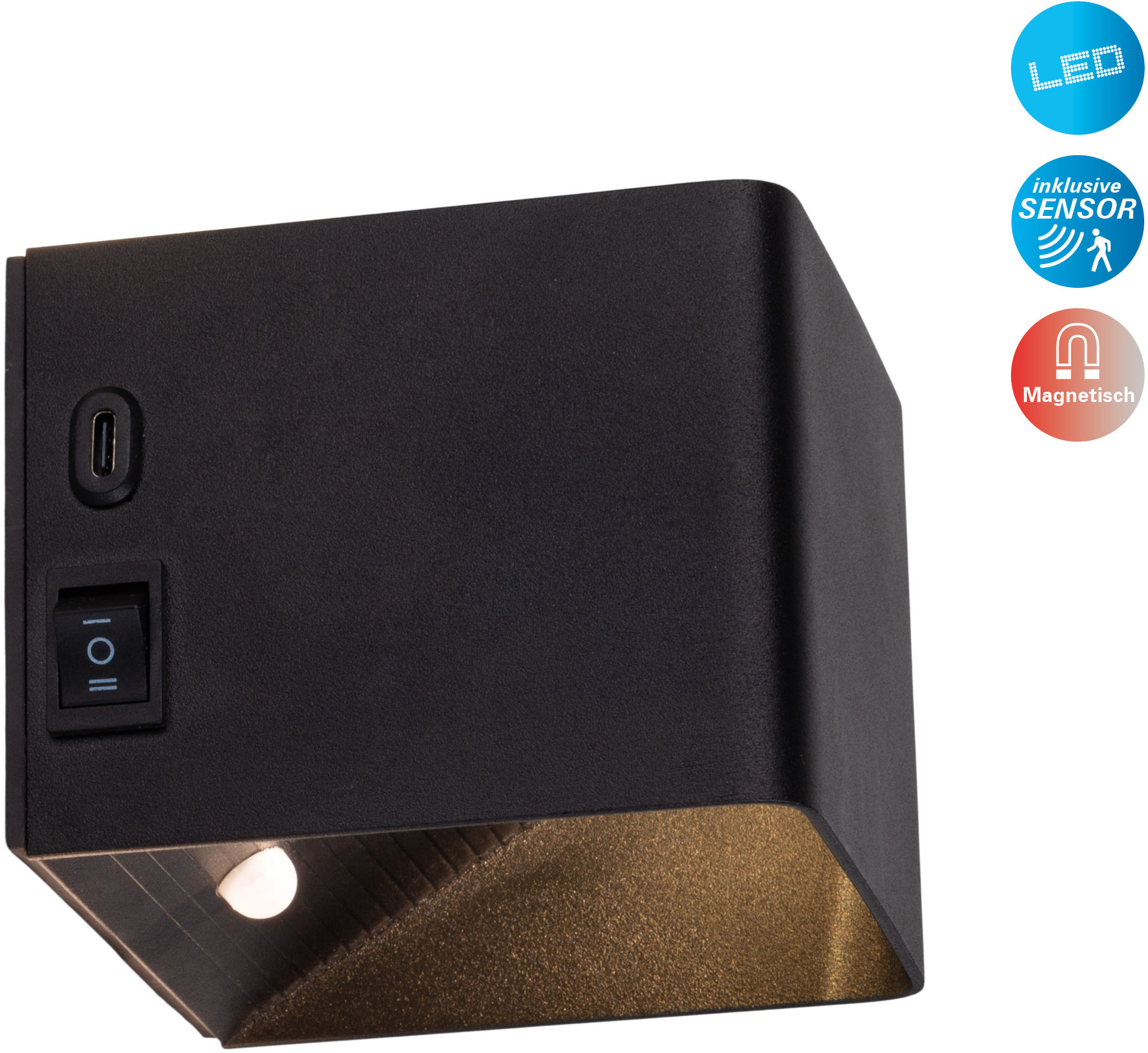 NÄVE LED Wandleuchte "Cube", schwarz, 1, H: 8cm, 1 Stk., Leuchten, Akku, magnetisch, Bewegungssensor, Memory, USB-C, Kippschalter Image