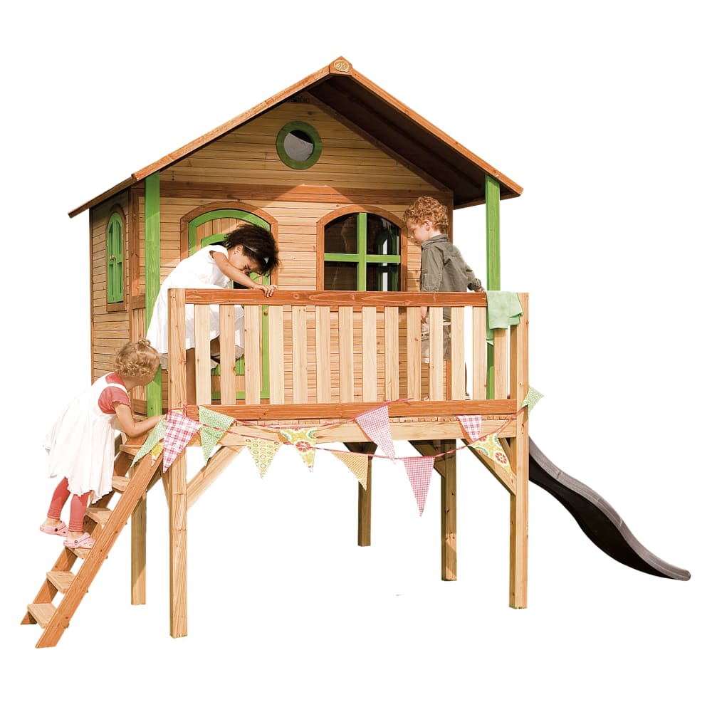 Casetta per bambini con scivolo grigio, legno FSC, marrone/verde