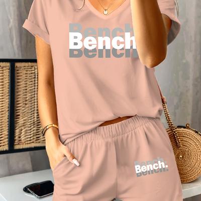 TEMU 2pcs Three-color Overlapping Letter Bench. Printed Women's Summer Clothing Versatile Casual Polyester Fiber Spandex Black Apricot Pink Sports V-neck Short-sleeved Shorts Image