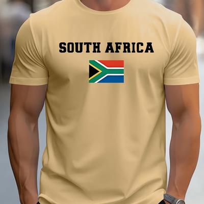 TEMU [1pc South Africa Flag Print T-shirt] South Africa Flag Print T-shirt For Men, Polyester Crew Neck Tee, , Regular Fit, Knit Fabric, Stretch, 175g/m², For Summer Casual Wear Image