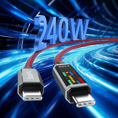 TEMU Soopii 240w Usb C To Usb C Cable [2pack, Fast Charging Usb C Cable With Led Display, Nylon Braided Type C Charging Cord For Iphone 16 Series And 15, Ipad Pro/air, Galaxy S24 Ultra, Black Image