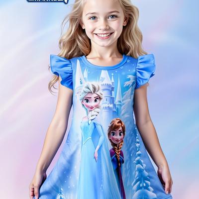 TEMU Girls' Summer New 3d Tie-dye Frozen Princess And Anna Front Cartoon Pattern Cute Puff Sleeve Dress Breathable Fabric Comfortable Casual Wear Suitable For Parties, Shopping, Travel, Etc Image