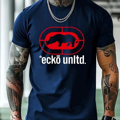 TEMU Men's Casual Graphic T-shirt - Geometric Print Short Sleeve Round Neck Tee, Breathable Summer Outdoor Shirt, Machine Washable Regular Fit For Gym, Training & Casual Wear Image