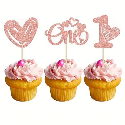 "TEMU 24pcs 1st Birthday Cupcake Toppers - Glittery "one" Heart & Crown Cake Picks For Baby Shower, Valentine’s Day, And First Birthday Party Decorations" Image