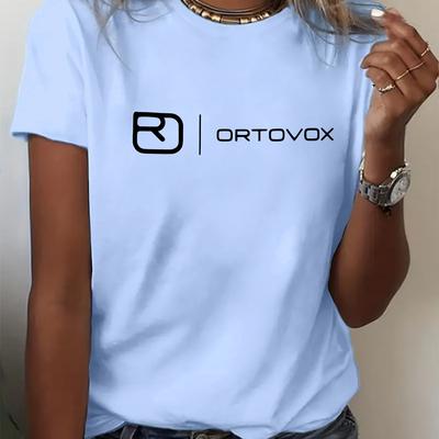 "TEMU Women's Casual Crew Neck T-shirt With Cartoon Art Letter Print - "ortovox" Design, Short Sleeve, Stretchy Polyester Blend, S-xxl Sizes, Black With Colorful Stripes, Casual" Image