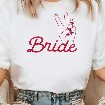 TEMU Women's Casual Crew Neck T-shirt With Bride Graphic, Polyester 95% Spandex 5% Short Sleeve Top, Floral Print, Stretch, Wear Image
