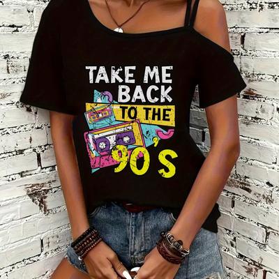 TEMU Back, To The 90s Cassette Tape 2pcs Yellow Arrow Women's Off-shoulder Print T-shirt, Casual Short Sleeve Shoulder Strap Top, Spring/summer Versatile, Women's Clothing Image