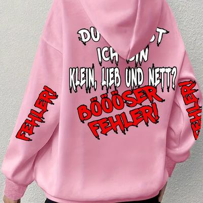 TEMU Women's Plus Size Hoodie With German Letter Print - Soft, Casual Long Sleeve Pullover With Pockets, , Black With Red Accents, Casual Wear Hoodie | Statement Hoodie | , Sweater Hoodie Image